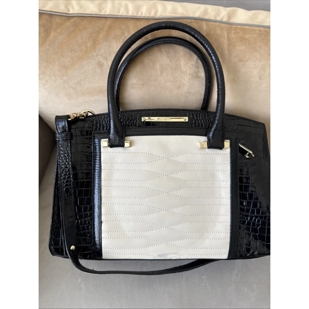 Brahmin Greta Large Creme Black Croc Embossed Leather Satchel